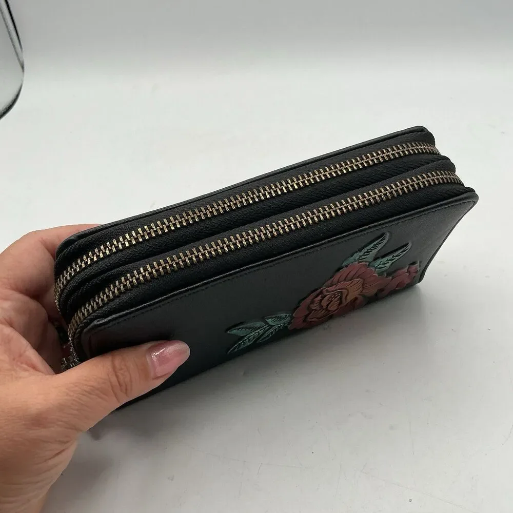 Anuschka Double Zip Faux Leather Floral Organizer Wallet Clutch Black Painted